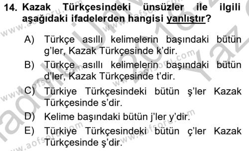 Çağdaş Türk Yazı Dilleri 2 Dersi 2018 - 2019 Yılı Yaz Okulu Sınavı 14. Soru