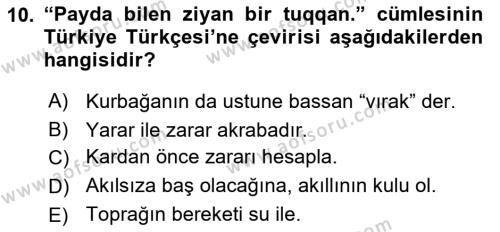 Çağdaş Türk Yazı Dilleri 2 Dersi 2021 - 2022 Yılı (Vize) Ara Sınavı 10. Soru