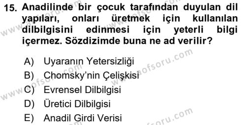 Genel Dilbilim 1 Dersi 2023 - 2024 Yılı Yaz Okulu Sınavı 15. Soru