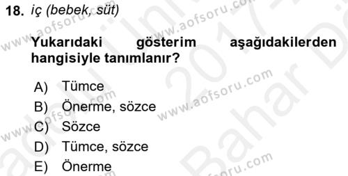 Genel Dilbilim 2 Dersi 2017 - 2018 Yılı (Vize) Ara Sınavı 18. Soru