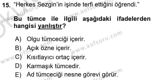 Genel Dilbilim 2 Dersi 2020 - 2021 Yılı Yaz Okulu Sınavı 15. Soru