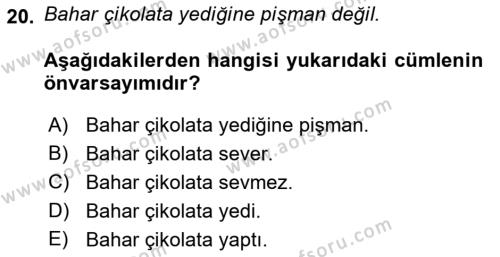 Genel Dilbilim 2 Dersi 2021 - 2022 Yılı (Vize) Ara Sınavı 20. Soru