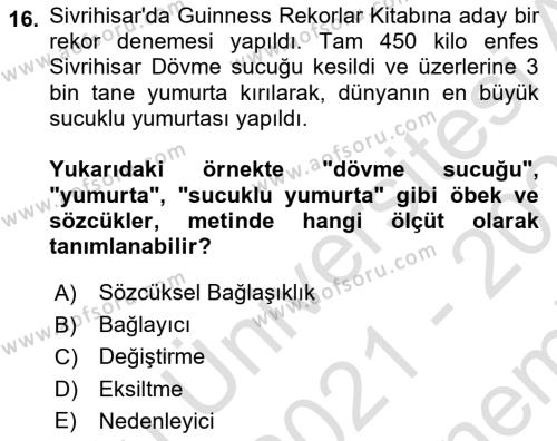 Genel Dilbilim 2 Dersi 2021 - 2022 Yılı (Final) Dönem Sonu Sınavı 16. Soru