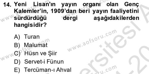 2. Meşrutiyet Dönemi Türk Edebiyatı Dersi 2014 - 2015 Yılı Tek Ders Sınavı 14. Soru