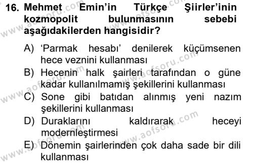 2. Meşrutiyet Dönemi Türk Edebiyatı Dersi 2014 - 2015 Yılı Tek Ders Sınavı 16. Soru