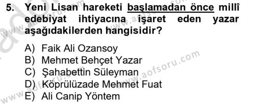 2. Meşrutiyet Dönemi Türk Edebiyatı Dersi 2014 - 2015 Yılı Tek Ders Sınavı 5. Soru