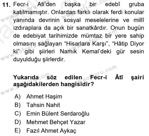 2. Meşrutiyet Dönemi Türk Edebiyatı Dersi 2015 - 2016 Yılı (Vize) Ara Sınavı 11. Soru