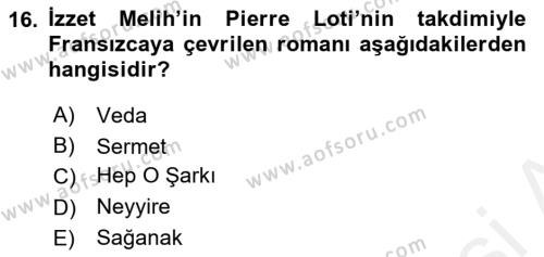 2. Meşrutiyet Dönemi Türk Edebiyatı Dersi 2015 - 2016 Yılı (Vize) Ara Sınavı 16. Soru