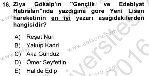 2. Meşrutiyet Dönemi Türk Edebiyatı Dersi 2015 - 2016 Yılı (Final) Dönem Sonu Sınavı 16. Soru