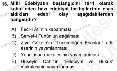 2. Meşrutiyet Dönemi Türk Edebiyatı Dersi 2017 - 2018 Yılı 3 Ders Sınavı 16. Soru