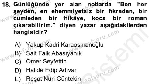 2. Meşrutiyet Dönemi Türk Edebiyatı Dersi 2017 - 2018 Yılı 3 Ders Sınavı 18. Soru