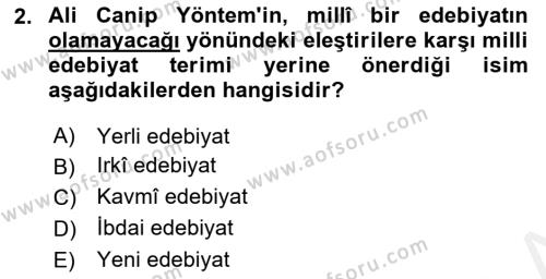 2. Meşrutiyet Dönemi Türk Edebiyatı Dersi 2017 - 2018 Yılı 3 Ders Sınavı 2. Soru