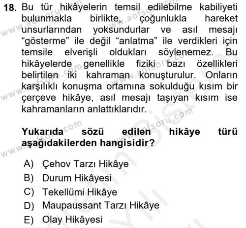 2. Meşrutiyet Dönemi Türk Edebiyatı Dersi 2017 - 2018 Yılı (Vize) Ara Sınavı 18. Soru