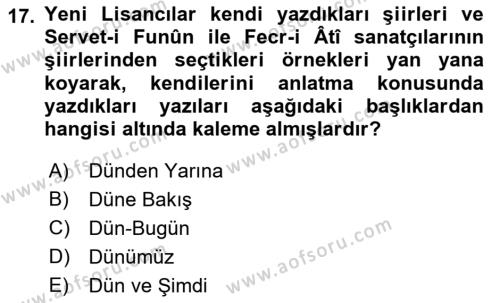 2. Meşrutiyet Dönemi Türk Edebiyatı Dersi 2017 - 2018 Yılı (Final) Dönem Sonu Sınavı 17. Soru