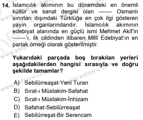 2. Meşrutiyet Dönemi Türk Edebiyatı Dersi 2018 - 2019 Yılı (Vize) Ara Sınavı 14. Soru