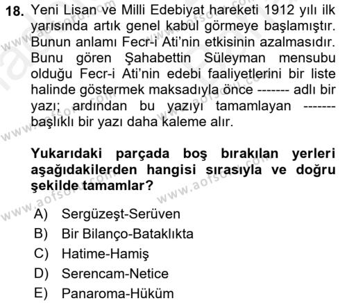 2. Meşrutiyet Dönemi Türk Edebiyatı Dersi 2018 - 2019 Yılı (Vize) Ara Sınavı 18. Soru