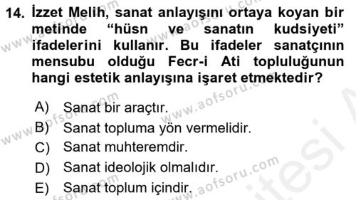 2. Meşrutiyet Dönemi Türk Edebiyatı Dersi 2018 - 2019 Yılı (Final) Dönem Sonu Sınavı 14. Soru