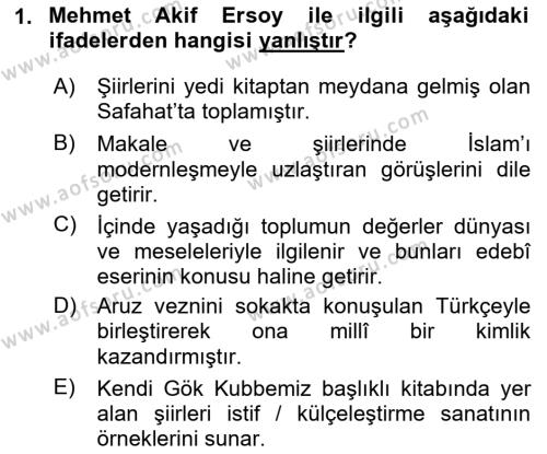 2. Meşrutiyet Dönemi Türk Edebiyatı Dersi 2020 - 2021 Yılı Yaz Okulu Sınavı 1. Soru