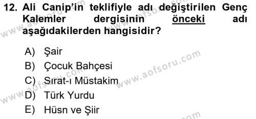 2. Meşrutiyet Dönemi Türk Edebiyatı Dersi 2020 - 2021 Yılı Yaz Okulu Sınavı 12. Soru