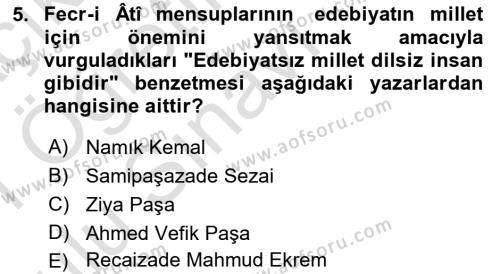 2. Meşrutiyet Dönemi Türk Edebiyatı Dersi 2020 - 2021 Yılı Yaz Okulu Sınavı 5. Soru