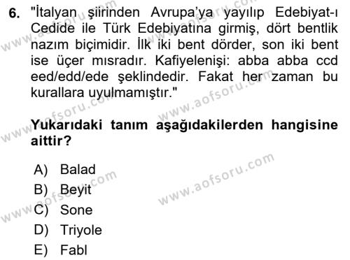 2. Meşrutiyet Dönemi Türk Edebiyatı Dersi 2020 - 2021 Yılı Yaz Okulu Sınavı 6. Soru