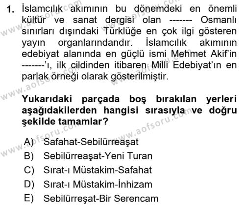 2. Meşrutiyet Dönemi Türk Edebiyatı Dersi 2021 - 2022 Yılı (Vize) Ara Sınavı 1. Soru
