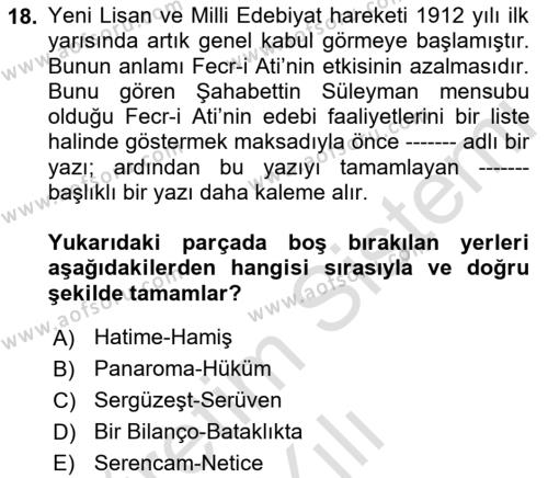 2. Meşrutiyet Dönemi Türk Edebiyatı Dersi 2021 - 2022 Yılı (Vize) Ara Sınavı 18. Soru