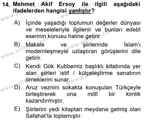 2. Meşrutiyet Dönemi Türk Edebiyatı Dersi 2021 - 2022 Yılı (Final) Dönem Sonu Sınavı 14. Soru