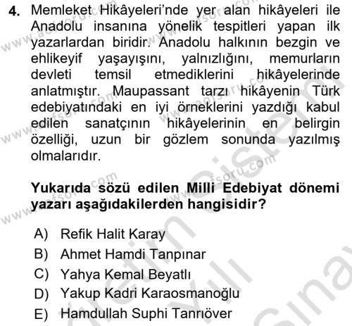 2. Meşrutiyet Dönemi Türk Edebiyatı Dersi 2021 - 2022 Yılı (Final) Dönem Sonu Sınavı 4. Soru