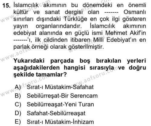 2. Meşrutiyet Dönemi Türk Edebiyatı Dersi 2022 - 2023 Yılı Yaz Okulu Sınavı 15. Soru