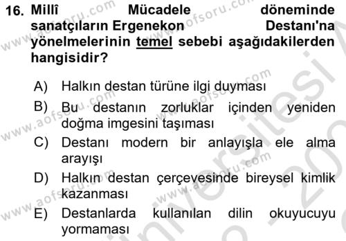 2. Meşrutiyet Dönemi Türk Edebiyatı Dersi 2022 - 2023 Yılı Yaz Okulu Sınavı 16. Soru