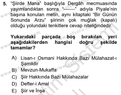 2. Meşrutiyet Dönemi Türk Edebiyatı Dersi 2022 - 2023 Yılı Yaz Okulu Sınavı 5. Soru