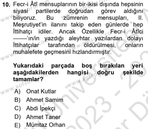 2. Meşrutiyet Dönemi Türk Edebiyatı Dersi 2023 - 2024 Yılı (Vize) Ara Sınavı 10. Soru