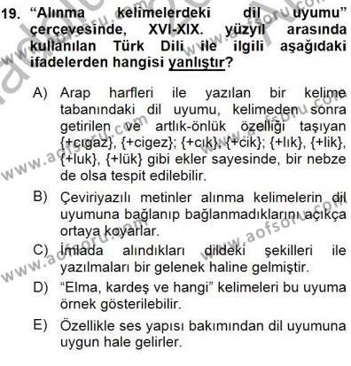 XVI-XIX. Yüzyıllar Türk Dili Dersi 2015 - 2016 Yılı (Vize) Ara Sınavı 19. Soru