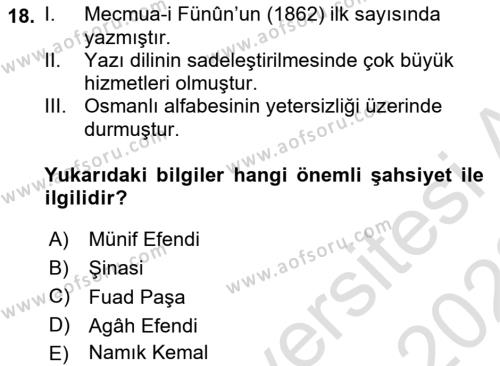 XVI-XIX. Yüzyıllar Türk Dili Dersi 2021 - 2022 Yılı Yaz Okulu Sınavı 18. Soru