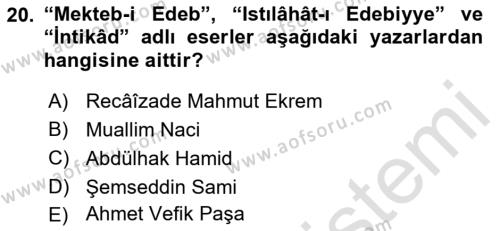 XVI-XIX. Yüzyıllar Türk Dili Dersi 2021 - 2022 Yılı Yaz Okulu Sınavı 20. Soru