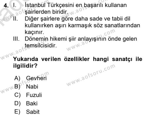 XVI-XIX. Yüzyıllar Türk Dili Dersi 2021 - 2022 Yılı Yaz Okulu Sınavı 4. Soru