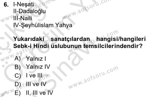 XVI-XIX. Yüzyıllar Türk Dili Dersi 2021 - 2022 Yılı Yaz Okulu Sınavı 6. Soru