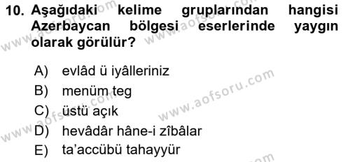 XVI-XIX. Yüzyıllar Türk Dili Dersi 2022 - 2023 Yılı Yaz Okulu Sınavı 10. Soru