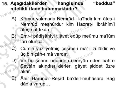 XVI-XIX. Yüzyıllar Türk Dili Dersi 2022 - 2023 Yılı Yaz Okulu Sınavı 15. Soru