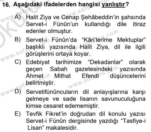 XVI-XIX. Yüzyıllar Türk Dili Dersi 2022 - 2023 Yılı Yaz Okulu Sınavı 16. Soru