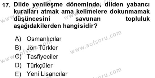 XVI-XIX. Yüzyıllar Türk Dili Dersi 2022 - 2023 Yılı Yaz Okulu Sınavı 17. Soru