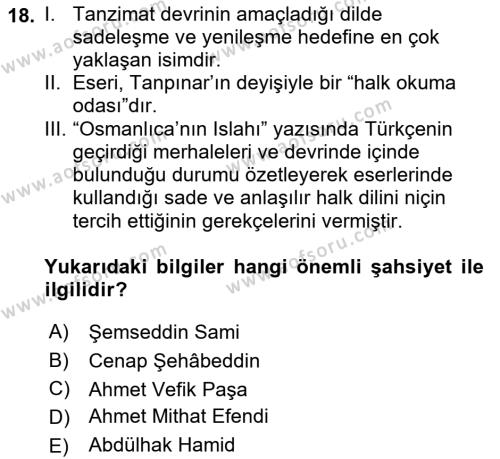 XVI-XIX. Yüzyıllar Türk Dili Dersi 2022 - 2023 Yılı Yaz Okulu Sınavı 18. Soru