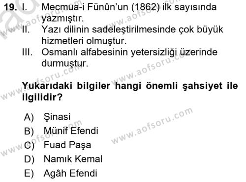 XVI-XIX. Yüzyıllar Türk Dili Dersi 2022 - 2023 Yılı Yaz Okulu Sınavı 19. Soru