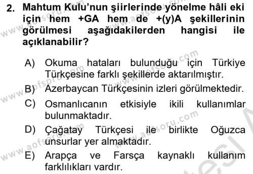 XVI-XIX. Yüzyıllar Türk Dili Dersi 2022 - 2023 Yılı Yaz Okulu Sınavı 2. Soru