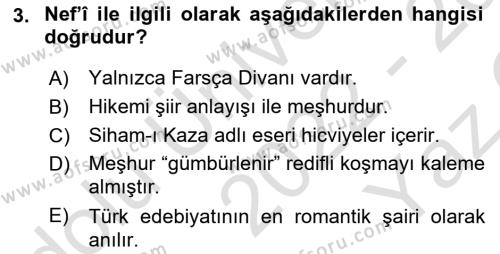 XVI-XIX. Yüzyıllar Türk Dili Dersi 2022 - 2023 Yılı Yaz Okulu Sınavı 3. Soru