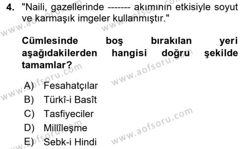 XVI-XIX. Yüzyıllar Türk Dili Dersi 2022 - 2023 Yılı Yaz Okulu Sınavı 4. Soru