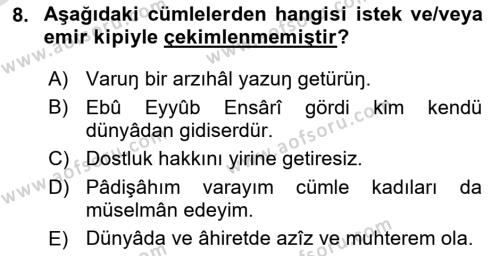 XVI-XIX. Yüzyıllar Türk Dili Dersi 2022 - 2023 Yılı Yaz Okulu Sınavı 8. Soru