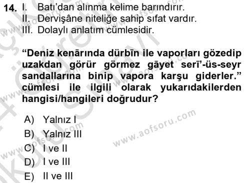 XVI-XIX. Yüzyıllar Türk Dili Dersi 2023 - 2024 Yılı Yaz Okulu Sınavı 14. Soru