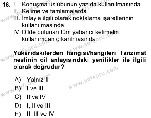 XVI-XIX. Yüzyıllar Türk Dili Dersi 2023 - 2024 Yılı Yaz Okulu Sınavı 16. Soru